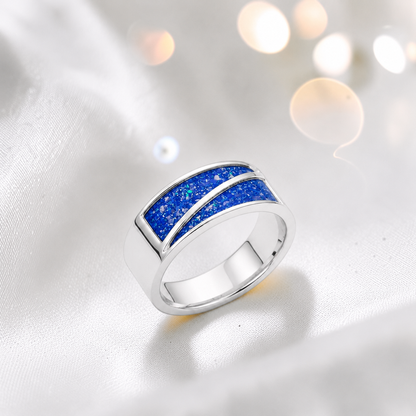 Royal blue Two Paths men's sterling silver split channel memorial band ring, handcrafted in Lancashire UK by Keepsake Memorial Jewellery