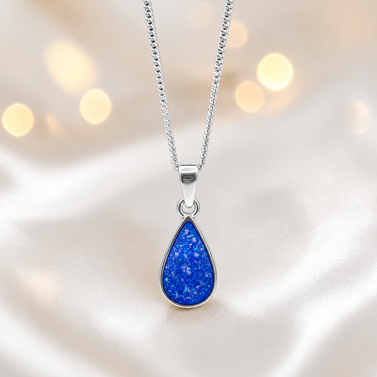 Silver Vega teardrop memorial pendant in Royal Blue, handcrafted in Lancashire UK