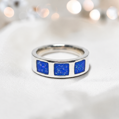 Royal blue vigil men's sterling silver memorial ring with triple setting, handcrafted in Lancashire UK by Keepsake Memorial Jewellery