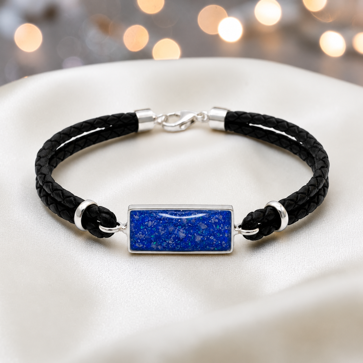 Royal blue Zenith men's sterling silver and leather memorial bracelet , handcrafted in Lancashire UK by Keepsake Memorial Jewellery