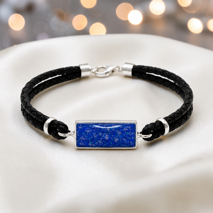 Royal blue Zenith men's sterling silver and leather memorial bracelet , handcrafted in Lancashire UK by Keepsake Memorial Jewellery