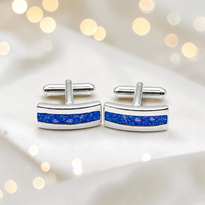 Royal blue silver Ember memorial ashes cufflinks, handcrafted in Lancashire UK