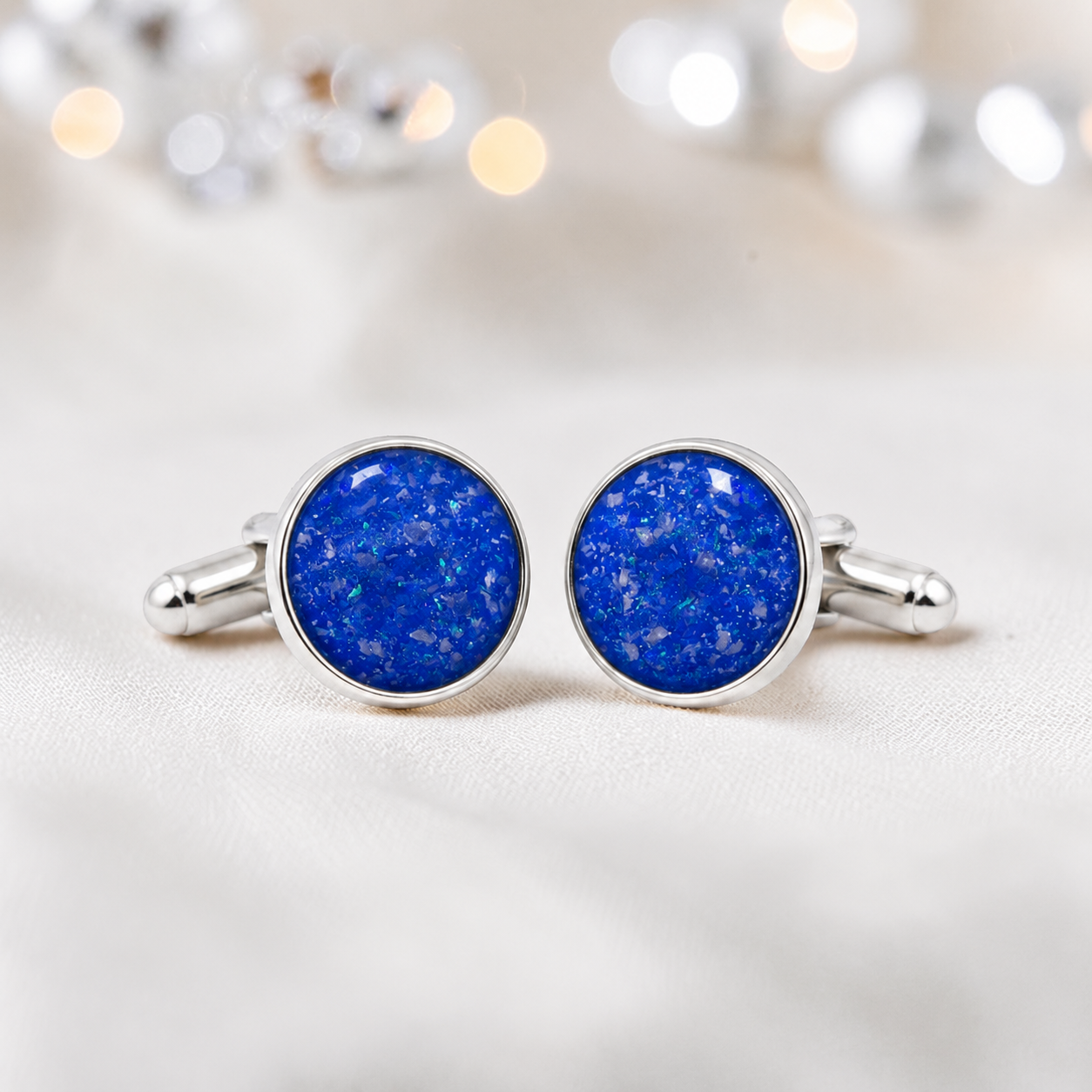 Royal blue silver Eterna memorial ashes cufflinks, handcrafted in Lancashire UK