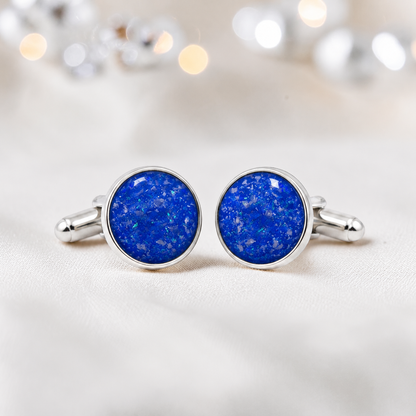 Royal blue silver Eterna memorial ashes cufflinks, handcrafted in Lancashire UK