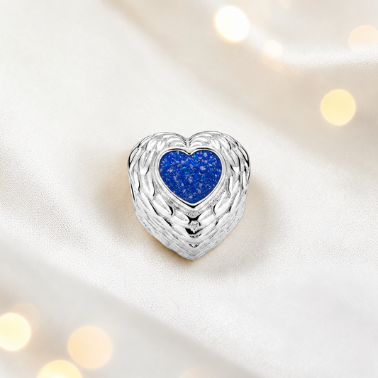 Royal blue sterling silver peaceful whisper heart ashes memorial charm, handcrafted in Lancashire by keepsake memorial
