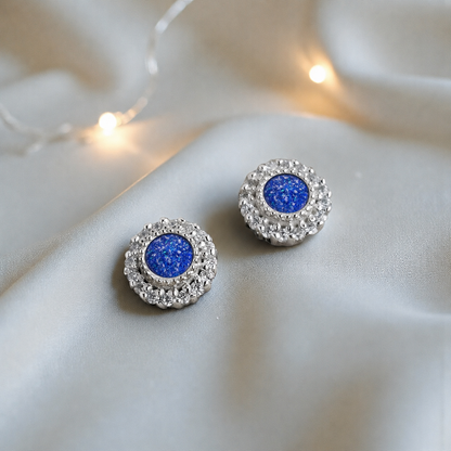 Halo's memorial stud earrings in Royal Blue opal — sterling silver, handcrafted in Lancashire, UK