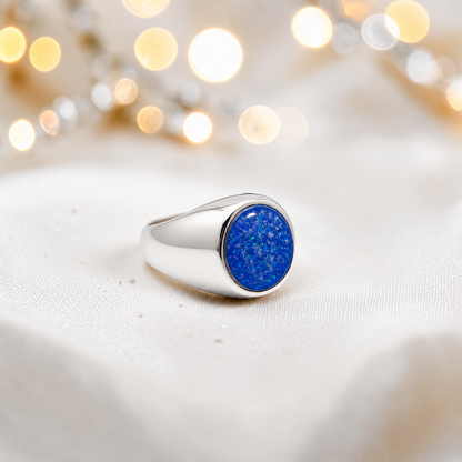 Royal blue Haven men's sterling silver signet ring, handcrafted in Lancashire UK by Keepsake Memorial Jewellery