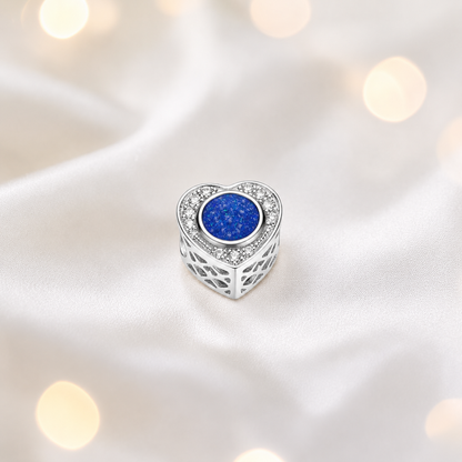 Royal Blue sterling silver heart of memories ashes memorial charm, handcrafted in Lancashire by keepsake memorial