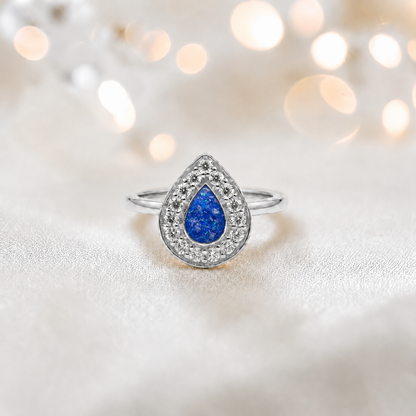 Keepsake Memorial Silver Helena Teardrop Ashes Ring in Royal Blue — handcrafted in Lancashire, UK