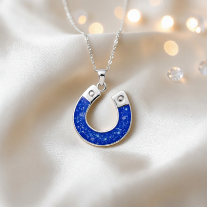 Midnight horseshoe ashes pendant in royal blue, handcrafted in Lancashire UK - by Keepsake Memorial Jewellery