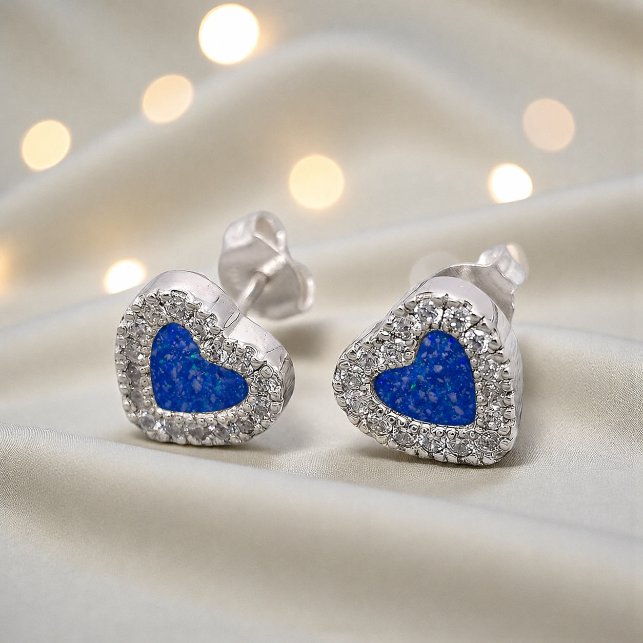 Keepsake Memorial Sterling Silver Heart Ashes Earrings Opal Dawn in Royal Blue - Handcrafted in the UK