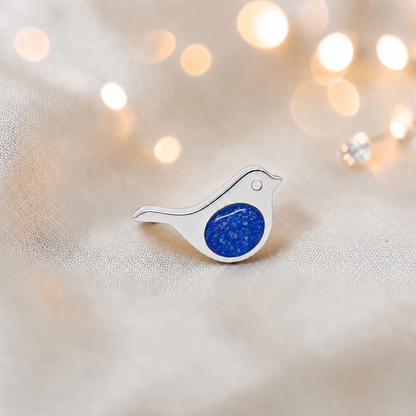 Keepsake memorial silver Robin  ashes charm, in royal blue, handcrafted in Lancashire, UK