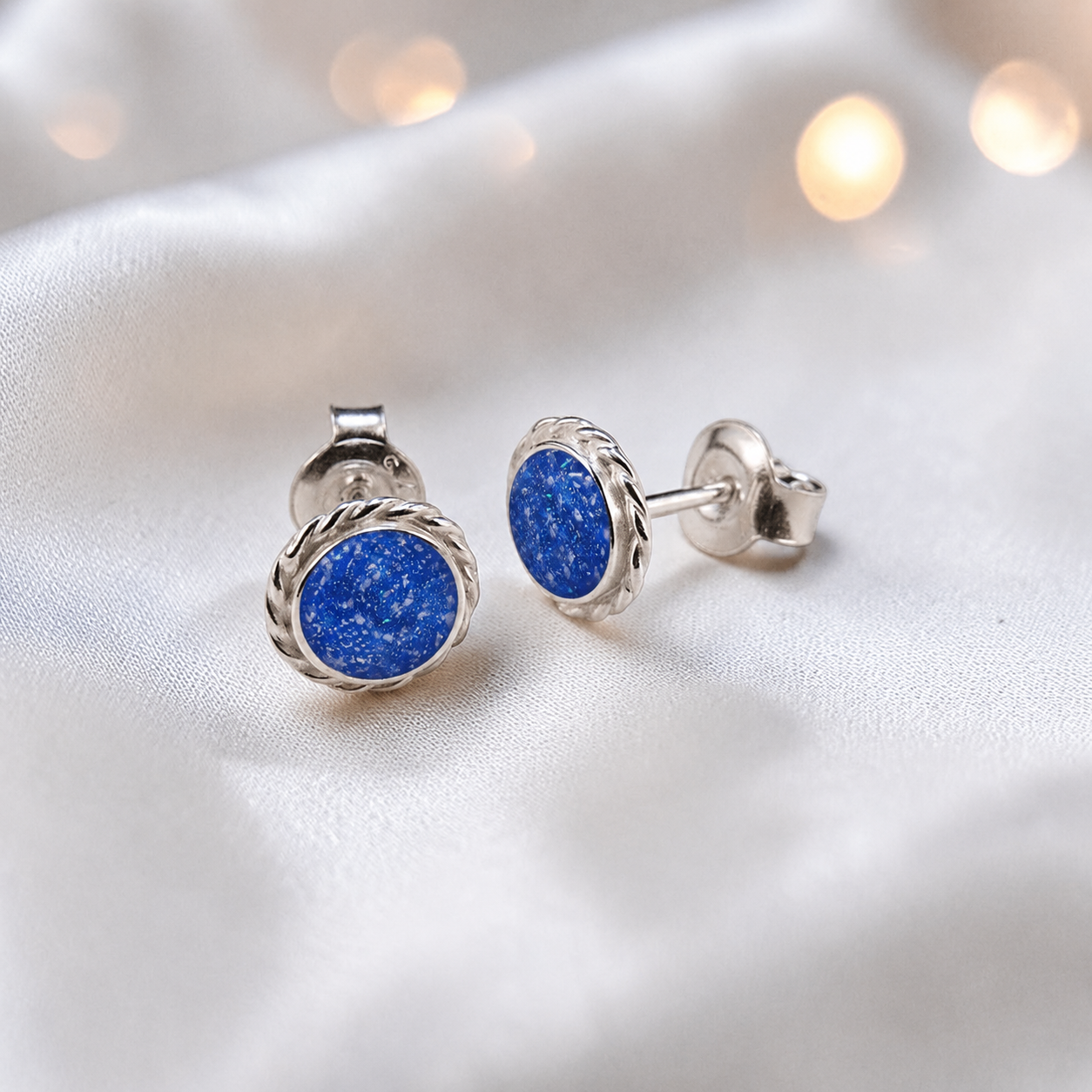 terna memorial stud earrings in Royal Blue opal — sterling silver rope edge, handcrafted in Lancashire, UK