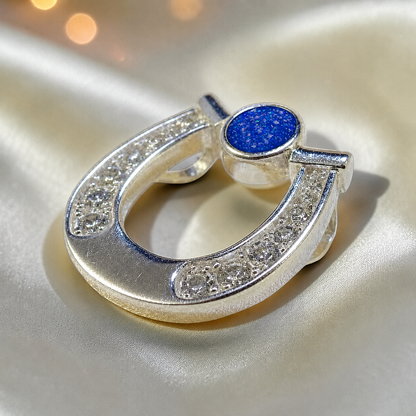 Sparkle horseshoe ashes pendant in royal blue,  handcrafted in Lancashire UK - by Keepsake Memorial Jewellery