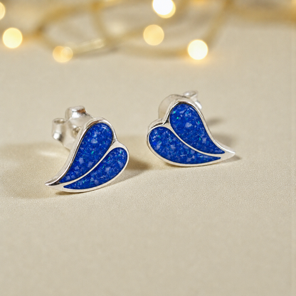 Two Hearts memorial stud earrings in Royal Blue opal — sterling silver, handcrafted in Lancashire, UK