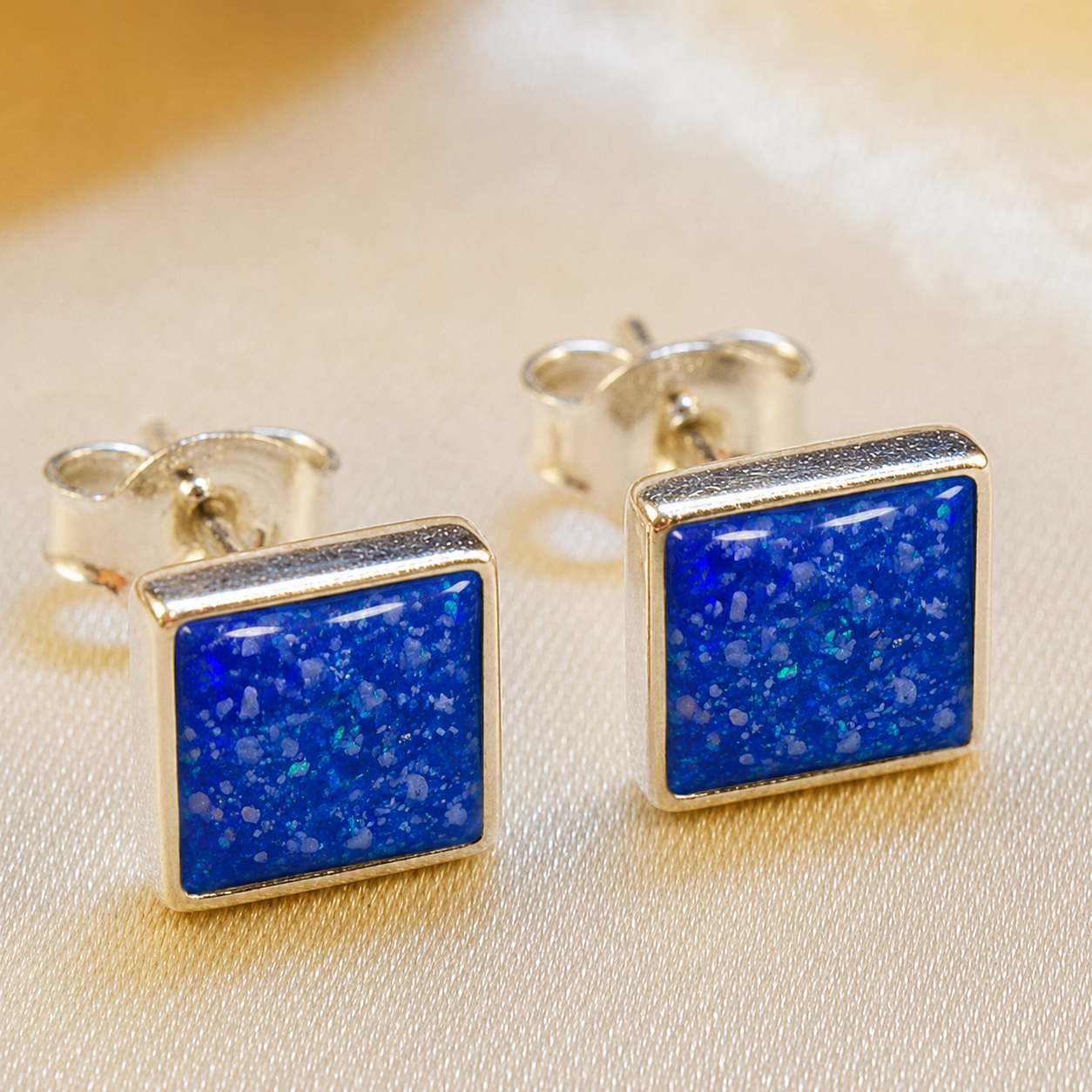 Keepsake Memorial Sterling Silver Square Stud Ashes Earrings Celeste Shine in Royal Blue - Handcrafted in the UK