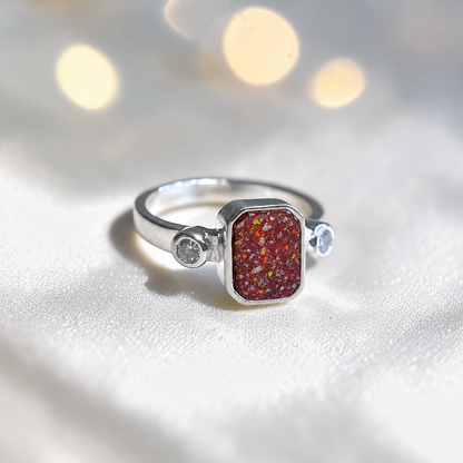 Keepsake Memorial Silver Anastasia Emerald Cut Ashes Ring in Ruby Red  — handcrafted in Lancashire, UK