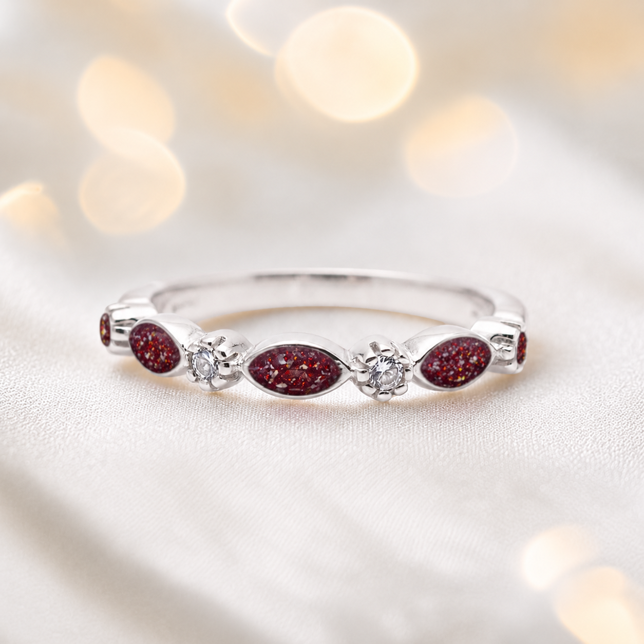 Keepsake Memorial Silver Arabella Half-Band Marquise Ashes Ring in Ruby Red — handcrafted in Lancashire, UK
