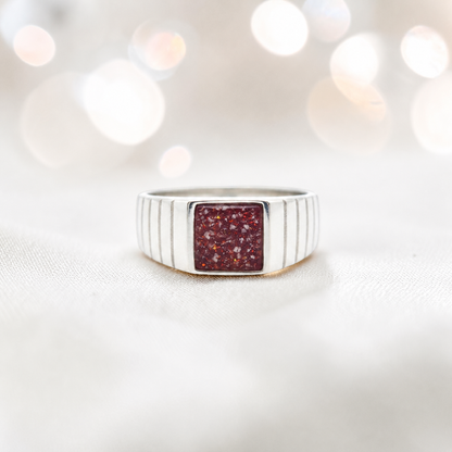  Ruby Red Echo men's sterling silver memorial signet ring, handcrafted in Lancashire UK by Keepsake Memorial Jewellery