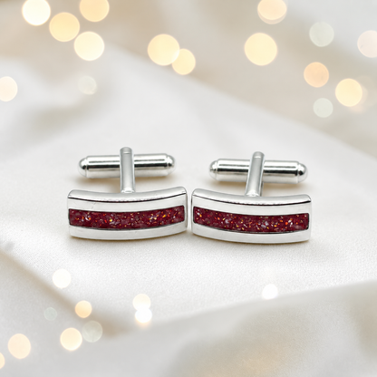 Ruby red silver Ember memorial ashes cufflinks, handcrafted in Lancashire UK