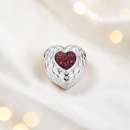 Ruby red sterling silver peaceful whisper heart ashes memorial charm, handcrafted in Lancashire by keepsake memorial