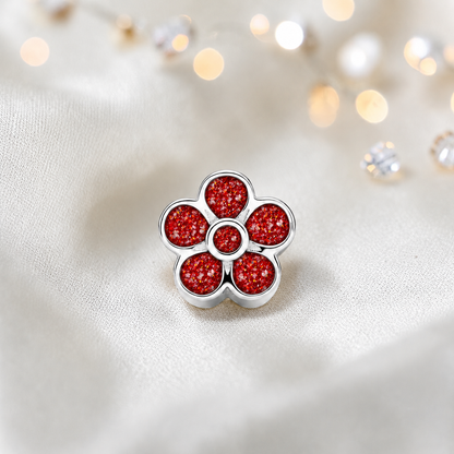 Ruby red sterling silver flora, flower ashes memorial charm, handcrafted in Lancashire by keepsake memorial
