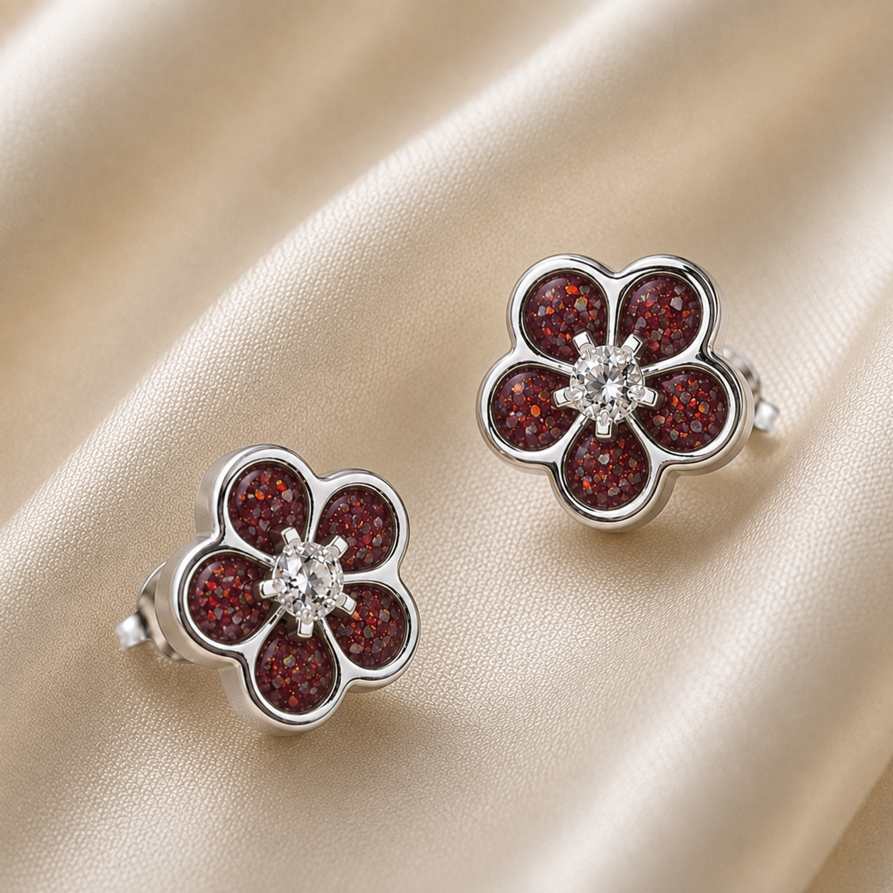 925 Sterling Silver Forget Me Not Memorial Stud Earrings in ruby red - Keepsake Memorial Jewellery
