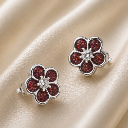 925 Sterling Silver Forget Me Not Memorial Stud Earrings in ruby red - Keepsake Memorial Jewellery
