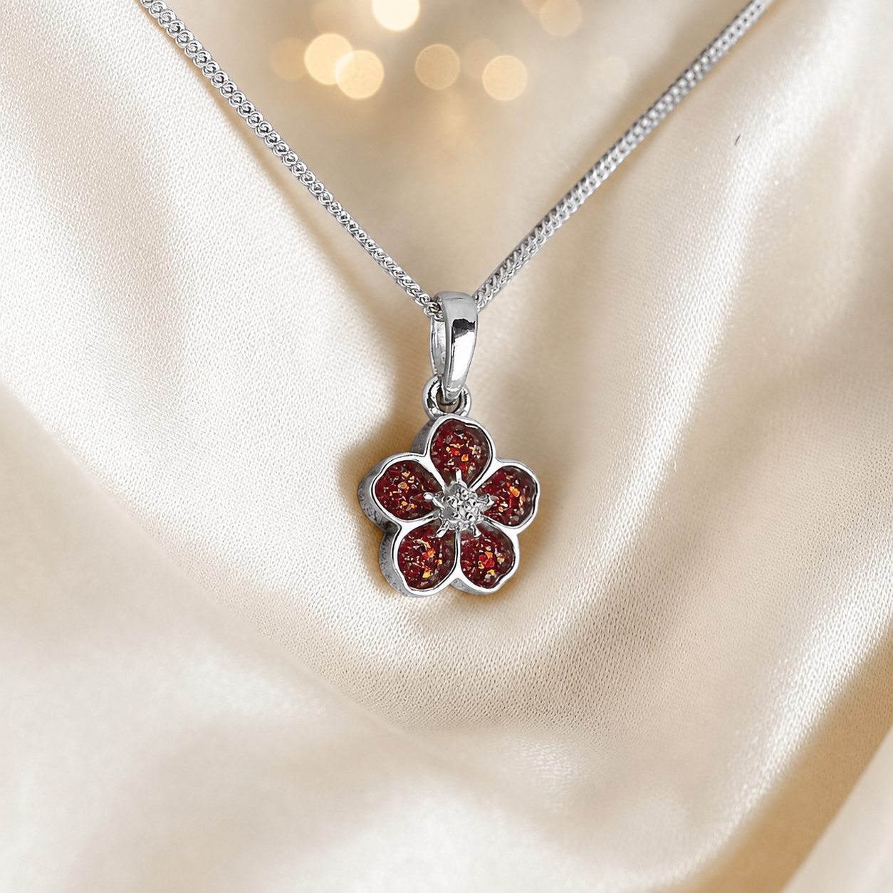 925 Sterling Silver Forget Me Not Memorial Pendant in ruby red - Keepsake Memorial Jewellery