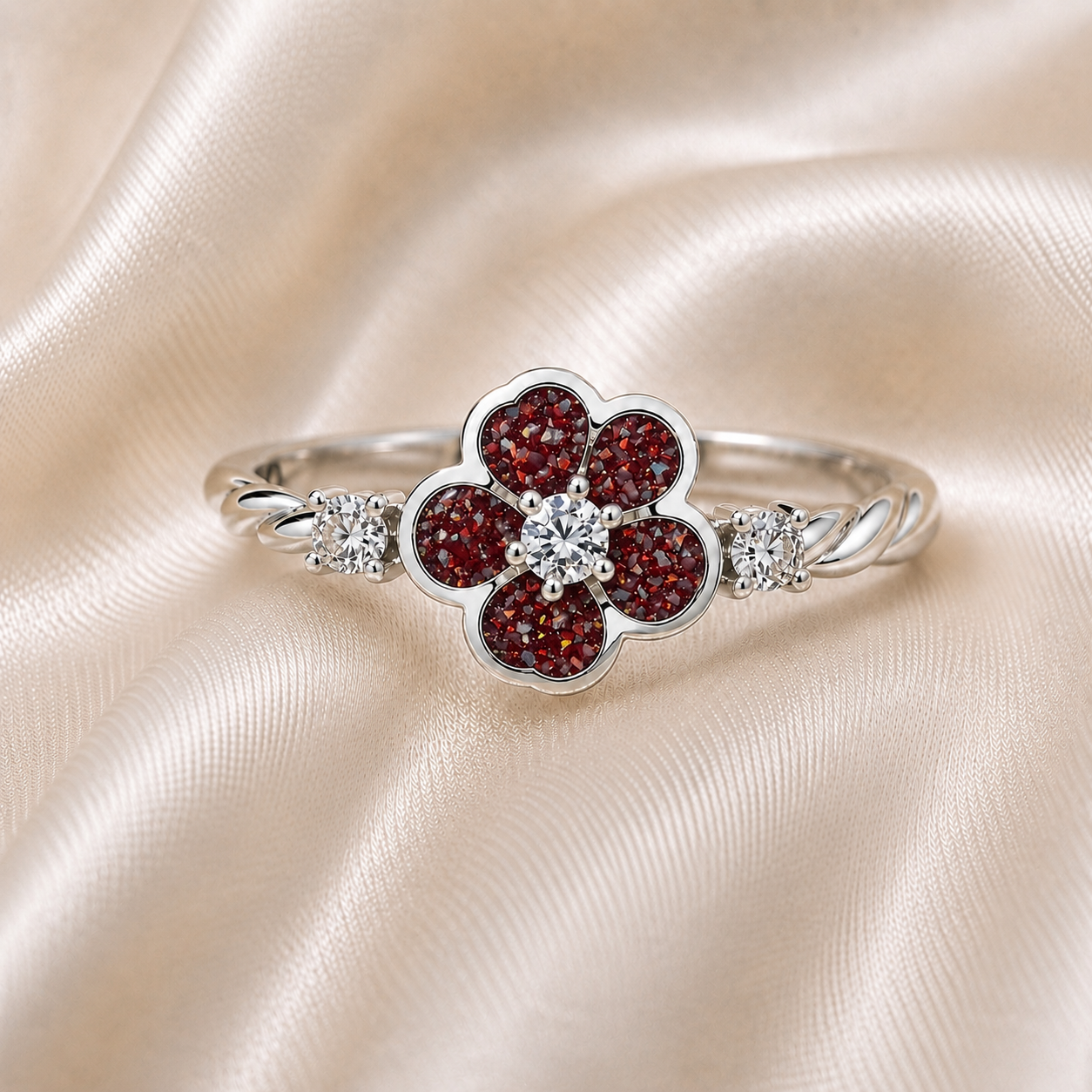 Ruby red Forget Me Not memorial ring in 925 sterling silver – Keepsake Memorial Jewellery