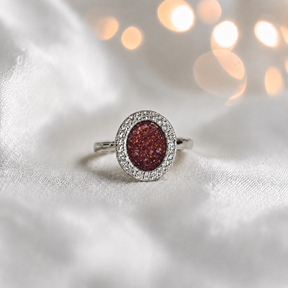 Keepsake Memorial Silver Halo Ashes Ring in Ruby Red - Handcrafted in the UK