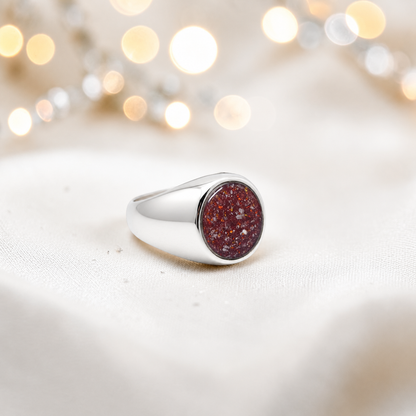 Ruby red Haven men's sterling silver signet ring, handcrafted in Lancashire UK by Keepsake Memorial Jewellery