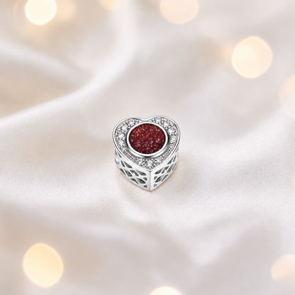Ruby red sterling silver heart of memories ashes memorial charm, handcrafted in Lancashire by keepsake memorial