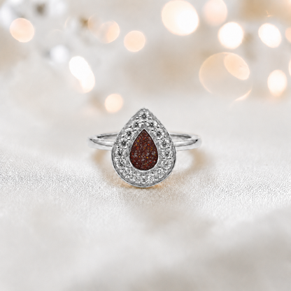 Keepsake Memorial Silver Helena Teardrop Ashes Ring in Ruby Red  — handcrafted in Lancashire, UK