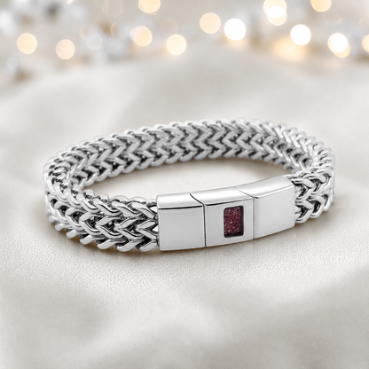Ruby red Heritage men's stainless steel  memorial bracelet , handcrafted in Lancashire UK by Keepsake Memorial Jewellery