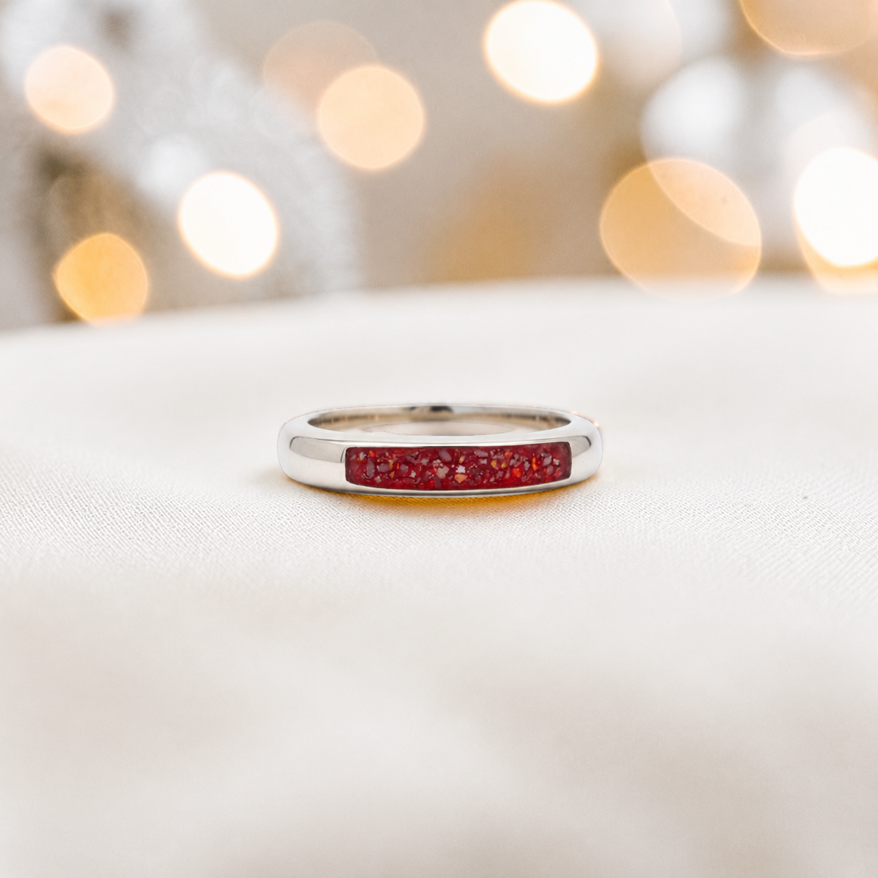 Keepsake Memorial Iris wishbone ashes ring in ruby red, handcrafted in Lancashire 