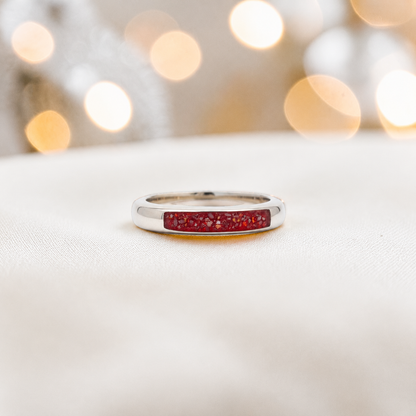 Keepsake Memorial Iris wishbone ashes ring in ruby red, handcrafted in Lancashire 