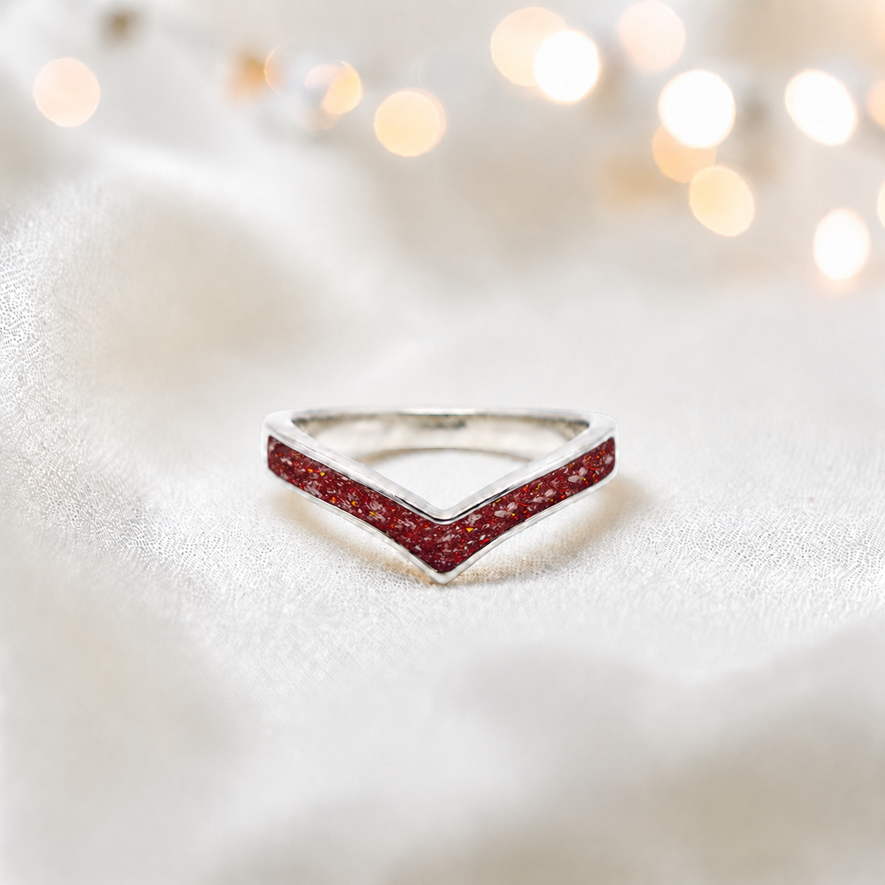 Ruby red Ivy 9ct white gold wishbone ashes ring, handcrafted in Lancashire, UK – by Keepsake Memorial Jewellery