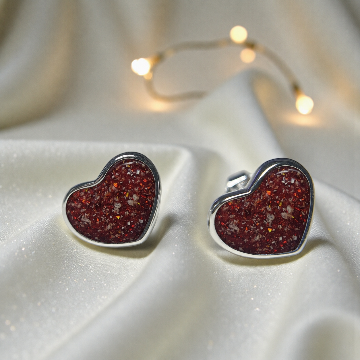 Keepsake Memorial Sterling Silver Heart Ashes Earrings Luna Grace in Ruby Red - Handcrafted in the UK