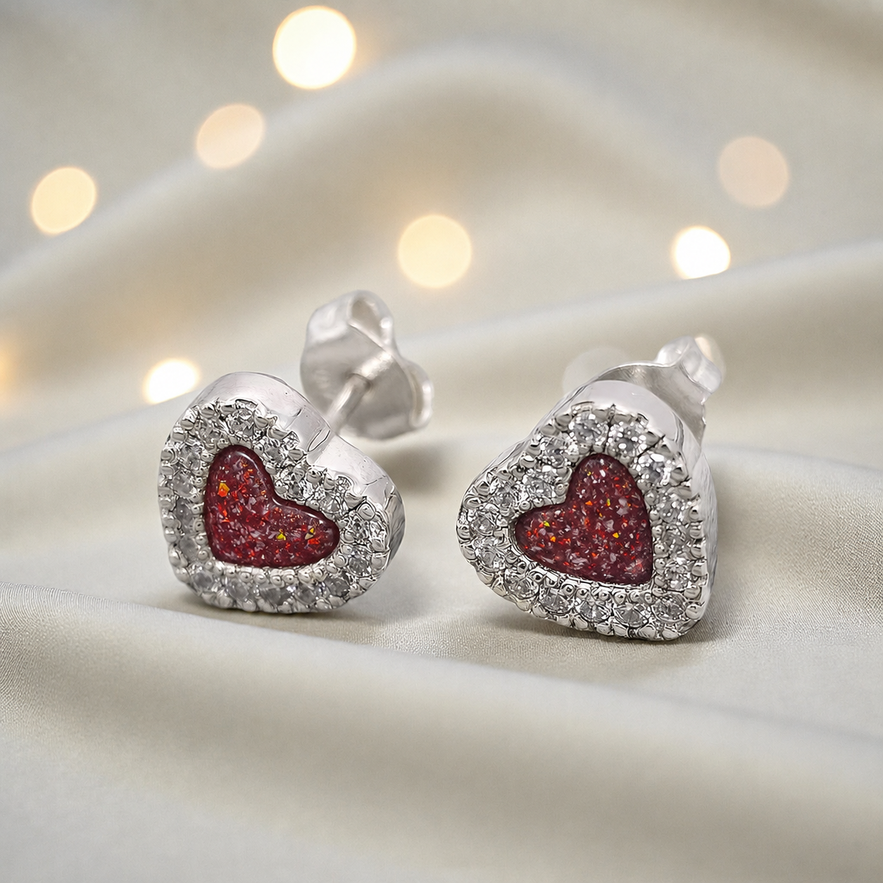 Keepsake Memorial Sterling Silver Heart Ashes Earrings Opal Dawn in Ruby Red - Handcrafted in the UK