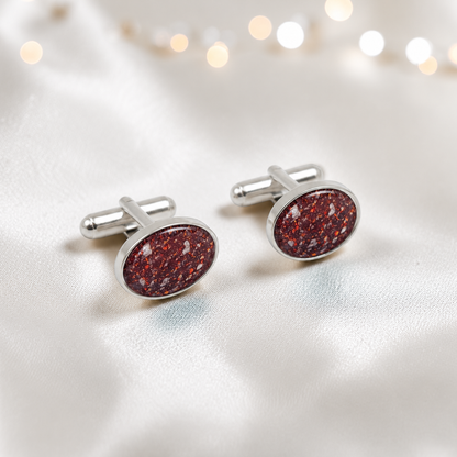 Ruby red Pulse sterling silver oval memorial ashes cufflinks, handcrafted in Lancashire UK