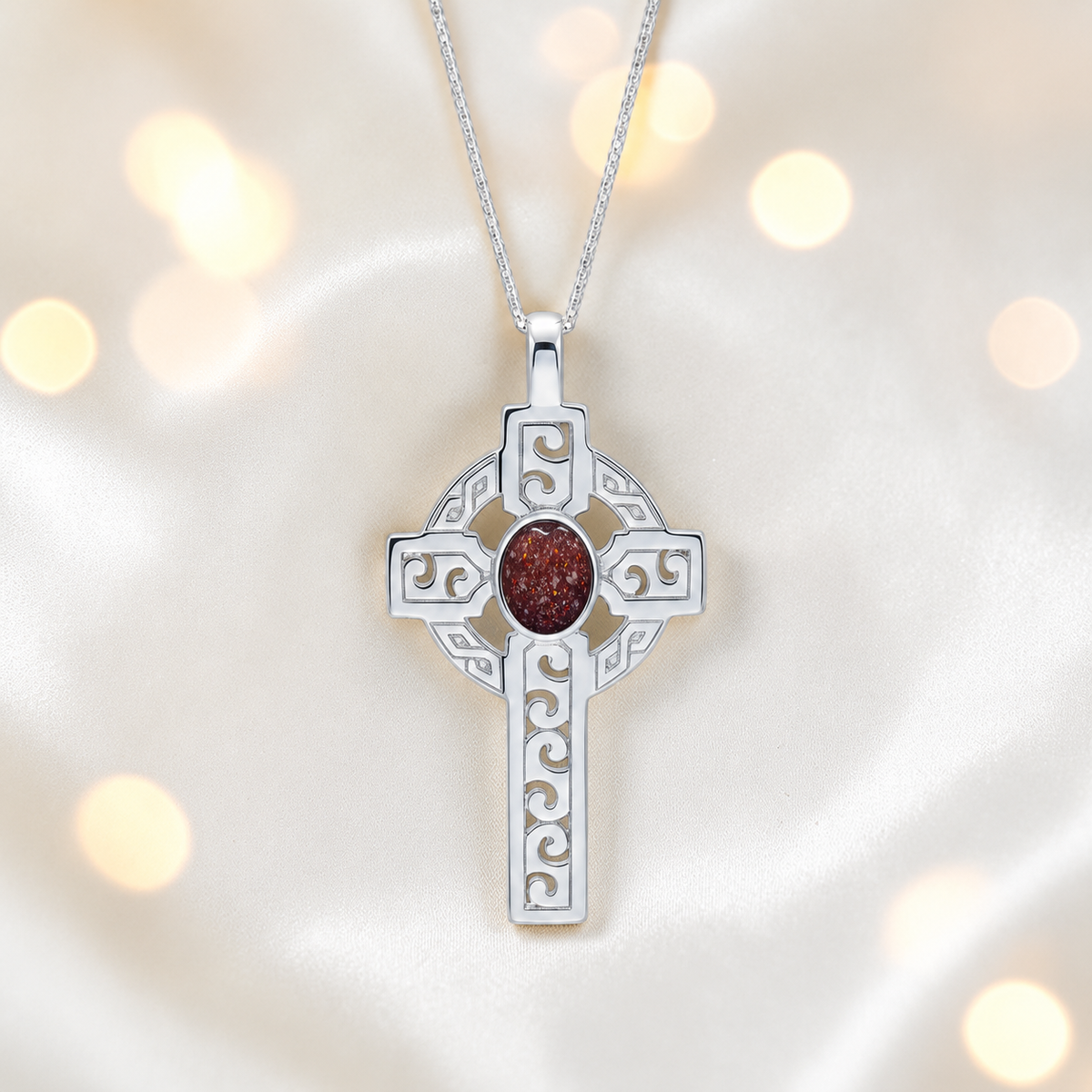 Ruby red Anam sterling silver Celtic cross memorial pendant, 55mm, handcrafted in Lancashire UK by Keepsake Memorial Jewellery