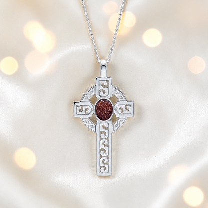 Ruby red Anam sterling silver Celtic cross memorial pendant, 55mm, handcrafted in Lancashire UK by Keepsake Memorial Jewellery