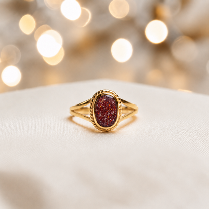 Ruby Red Ayla, 9ct gold oval memorial ring, handcrafted in Lancashire, UK – by Keepsake Memorial Jewellery