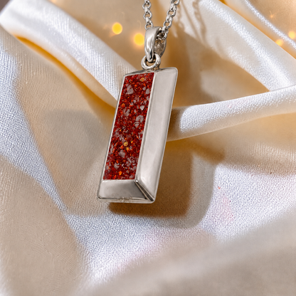 Ruby red Bastion men's sterling silver 3D bar memorial pendant, handcrafted in Lancashire UK by Keepsake Memorial Jewellery