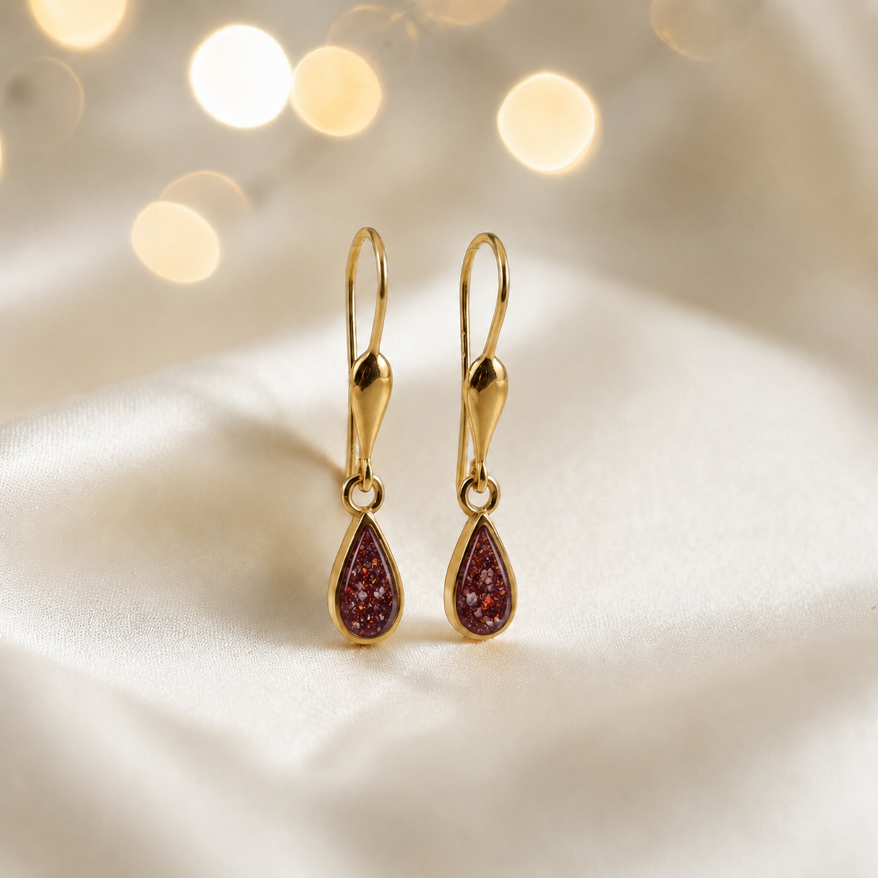 Ruby Red Calla 9ct gold drop memorial earrings, handcrafted in Lancashire, UK – by Keepsake Memorial Jewellery