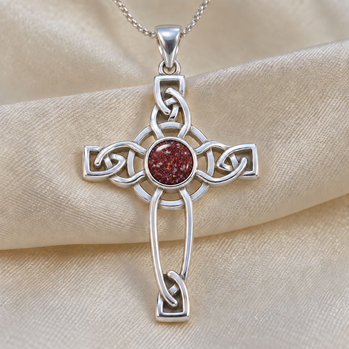 Ruby Red Keepsake Memorial Silver Celtic Cross Ashes Pendant in sterling silver 925, 35mm x 22mm