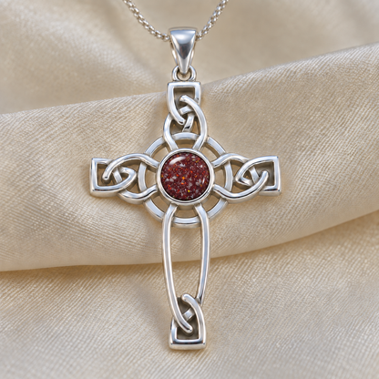 Ruby Red Keepsake Memorial Silver Celtic Cross Ashes Pendant in sterling silver 925, 35mm x 22mm
