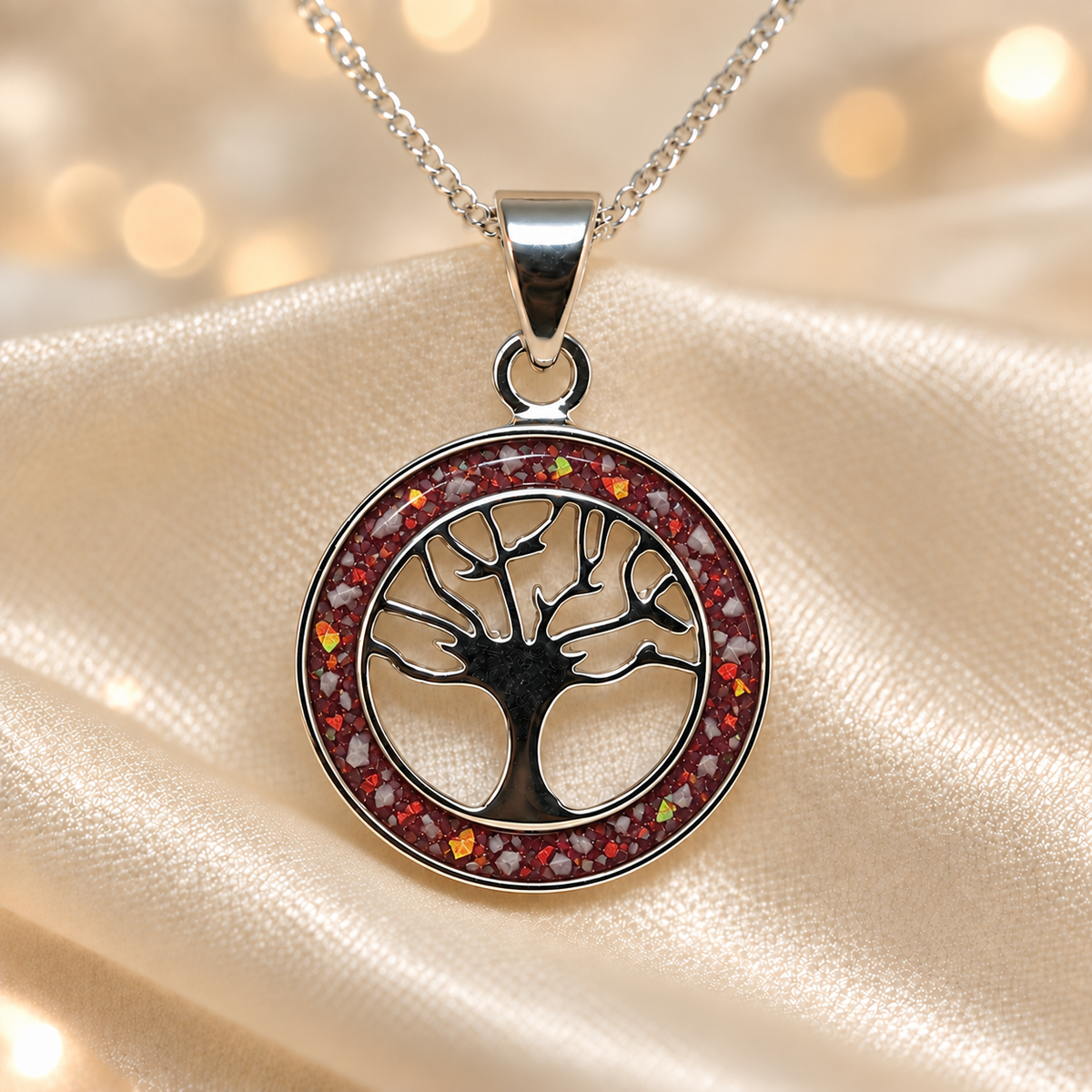 Ruby Red Keepsake Memorial Silver Circle Tree of Life Ashes Pendant in sterling silver 925, 16mm