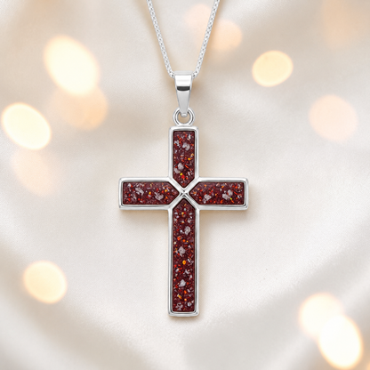 Ruby Red Endura men's sterling silver cross memorial pendant, 29mm, handcrafted in Lancashire UK by Keepsake Memorial Jewellery